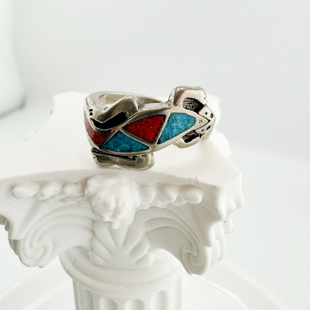Vintage Southwestern Crushed Turquoise Coral 925 Silver Ring Natural Boho - Picture 8 of 10